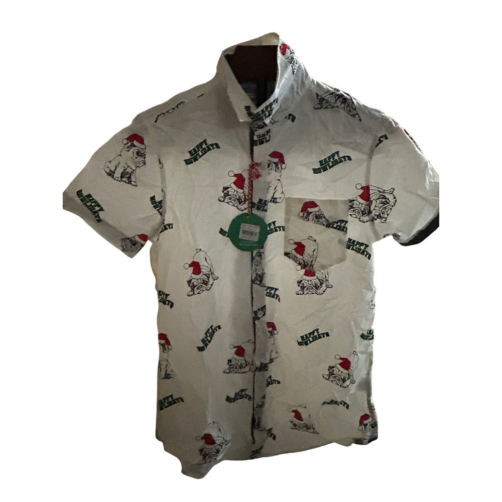 Free Planet Mens White Pug Christmas Holiday Button Up Shirt‎ Size Small